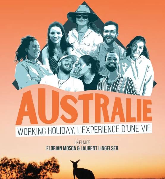 L'affiche du film "Austalie Working Holiday" avec un groupe de personnes qui sourient