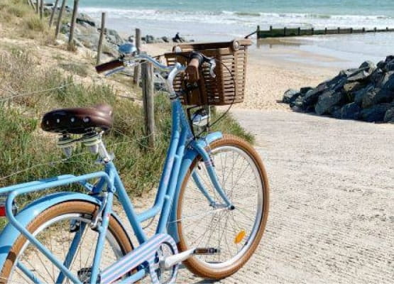Un vélo bleu avec un panier marron